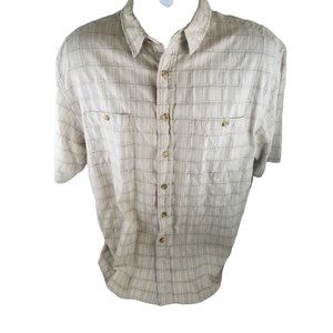 Mens Button Front Shirt Moose Creek Beige White Green Squares 100% Cotton M